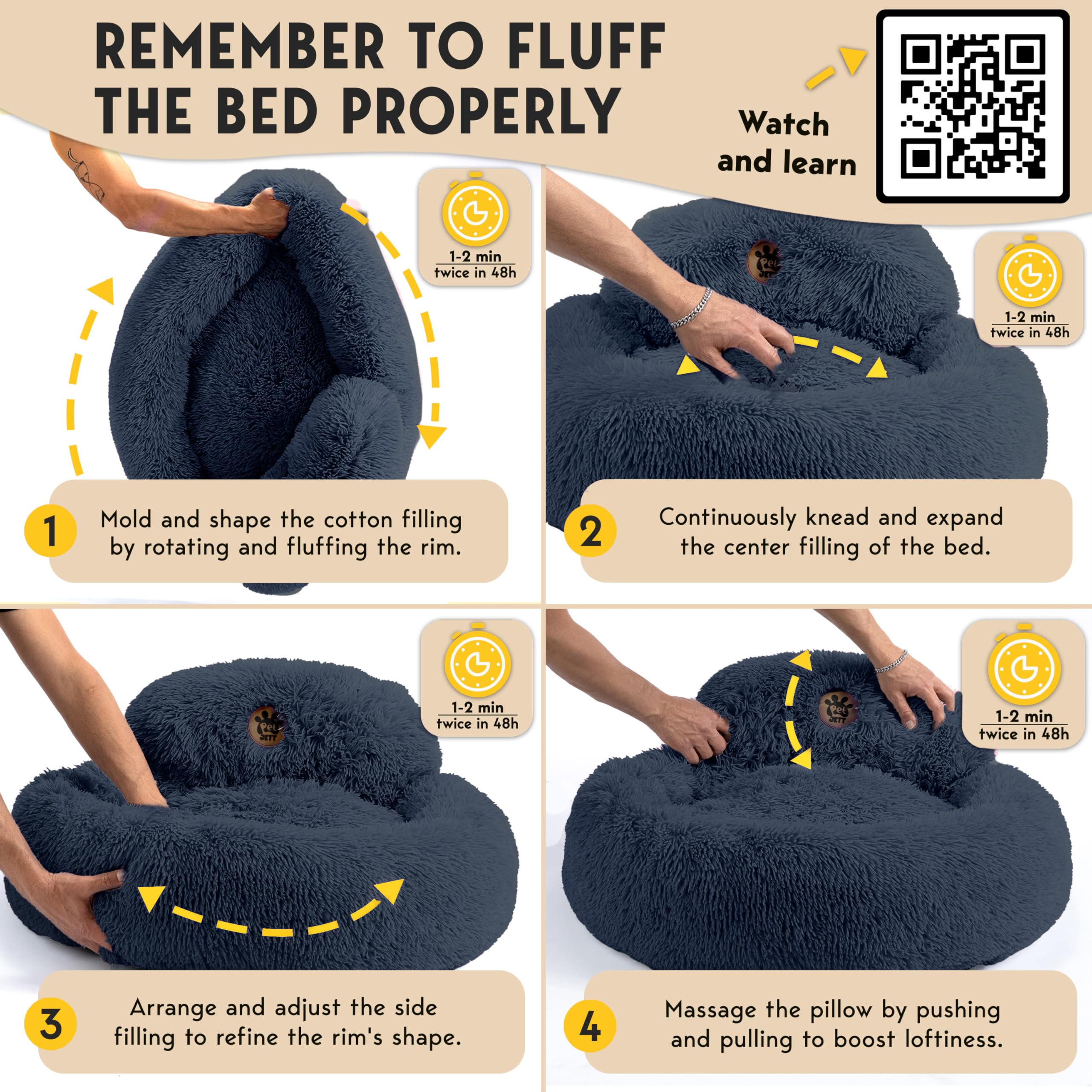 PetJett Calming Dog Bed - Donut Dog Beds for Small, Medium, Large Dogs, Anti-Slip & Washable Round Dog Bed - Fluffy Plush Faux Fur Pet Bed, Anti-Anxiety Puppy Bed, 23'' Fits Up to 25 lbs, Dark Grey