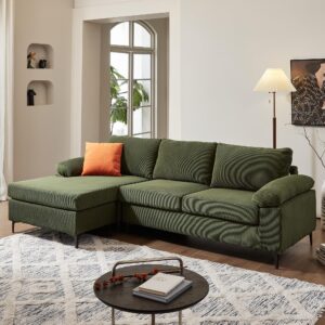 xizzi 100" corduroy sectional sofa couches for living room,green l shaped sofa couch with reversible chaise,comfy 3 seat reversible sofa for bedroom office apartment convertible couch (green)