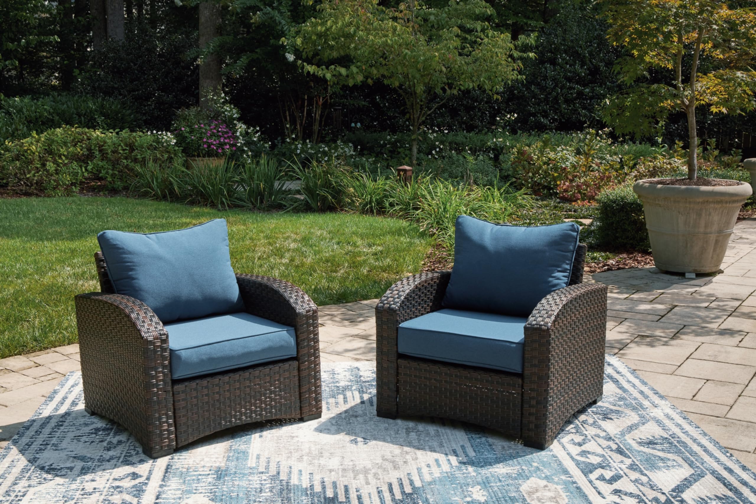 Signature Design by Ashley Windglow Outdoor Lounge Chair with Cushion, 34" W x 31" D x 37" H, Blue & Dark Brown