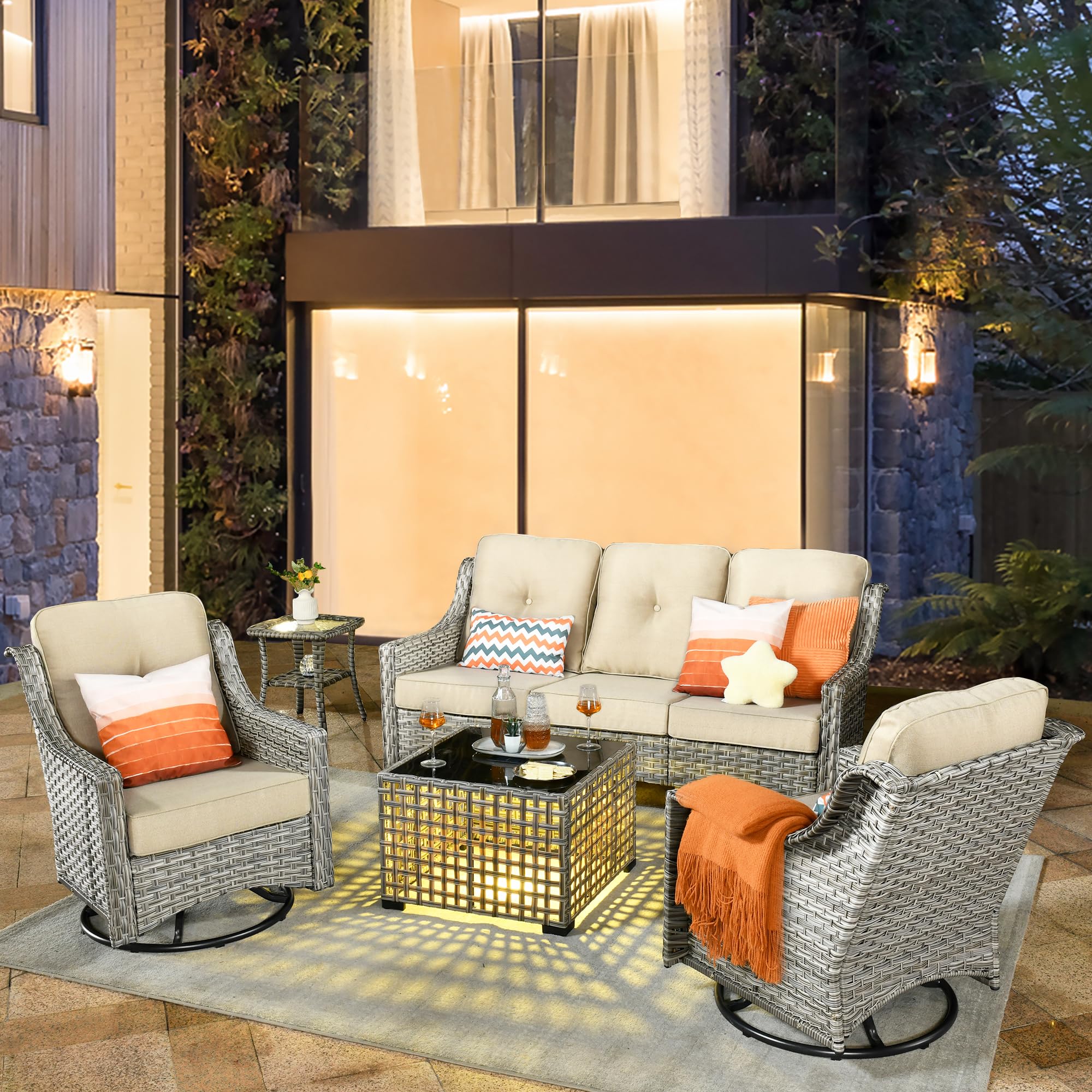 HOOOWOOO 5 Piece Patio Furniture Conversation Sets with Swivel Rocking Chairs,Outdoor Wicker Furniture with LED Tablet,All Weather Resistant High Back Rattan Conversational Set(Beige Tan)