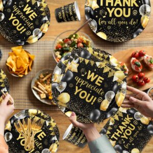 Appreciation Decorations,Black and Gold Thank You Plates And Napkins 142pcs Thank You For All You Do Party Plates Napkin Cups Tablecloth For We Appreciate You Party Supplies