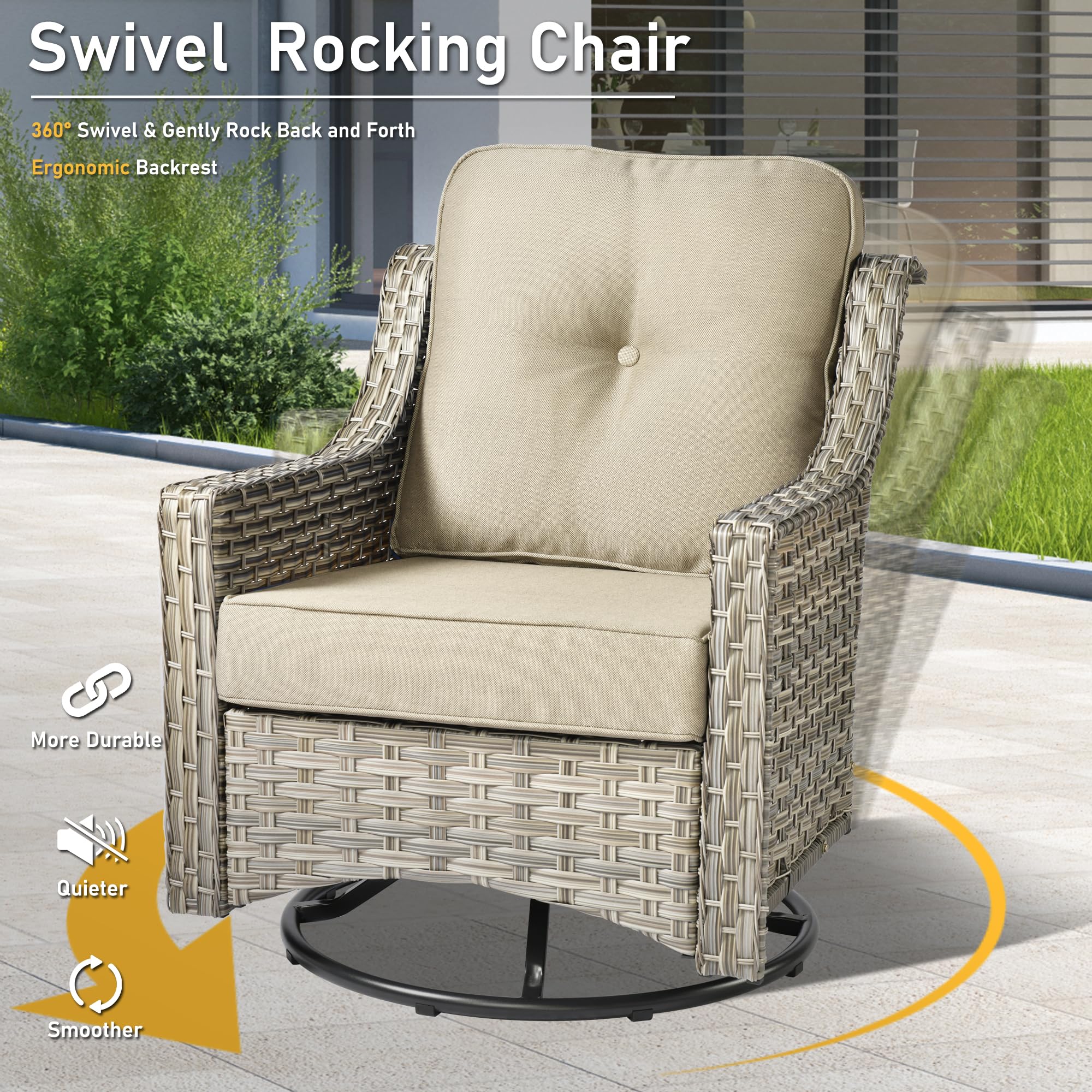 HOOOWOOO 5 Piece Patio Furniture Conversation Sets with Swivel Rocking Chairs,Outdoor Wicker Furniture with LED Tablet,All Weather Resistant High Back Rattan Conversational Set(Beige Tan)