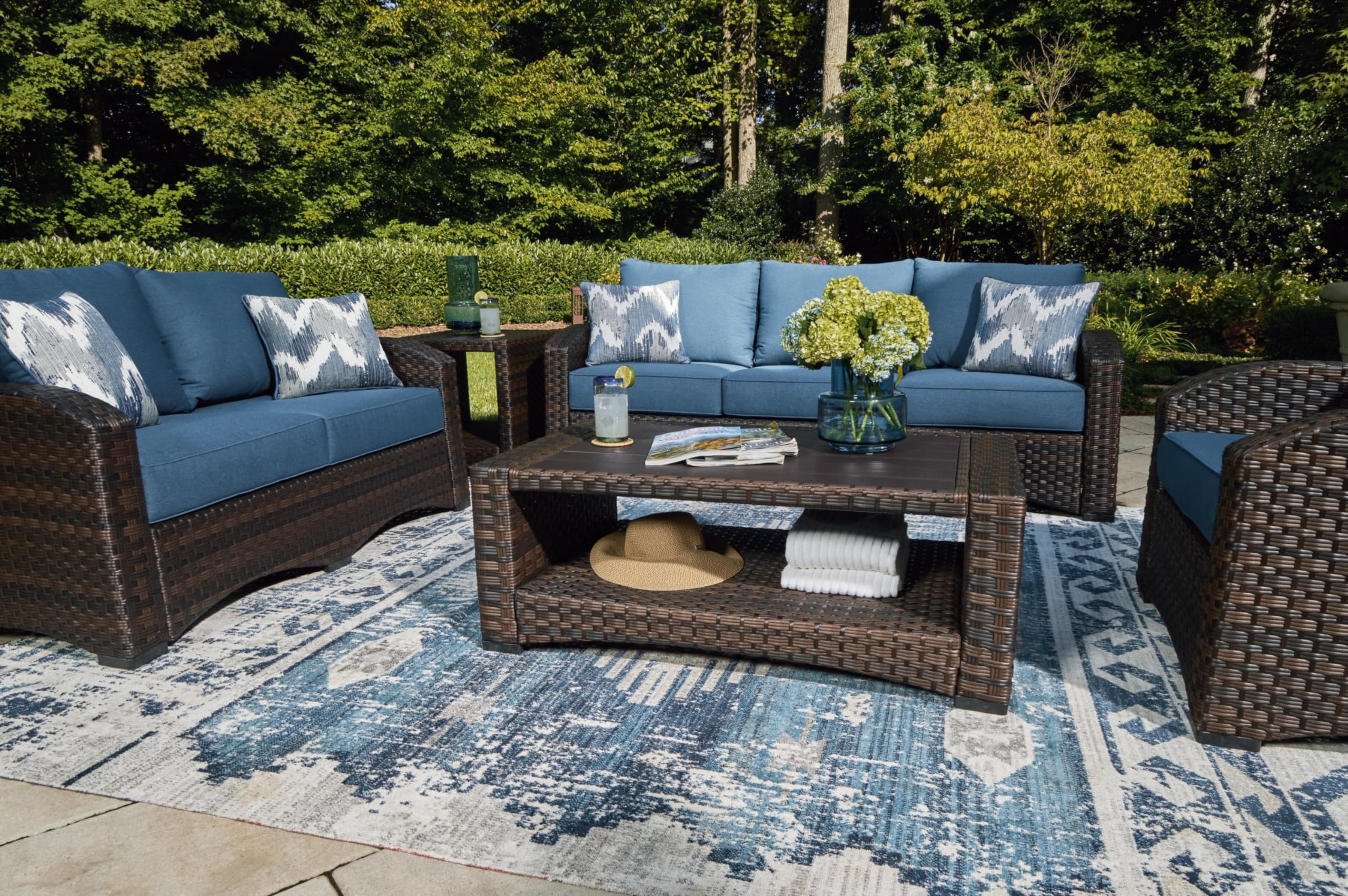 Signature Design by Ashley Windglow Outdoor Lounge Chair with Cushion, 34" W x 31" D x 37" H, Blue & Dark Brown