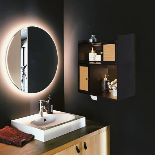 Bloddream Bathroom Cabinet Wall Mounted with Light, Two-Door Adjustable, Toilet Space Saver Storage, Floating Shelves for Home Decor (Black), 23.6