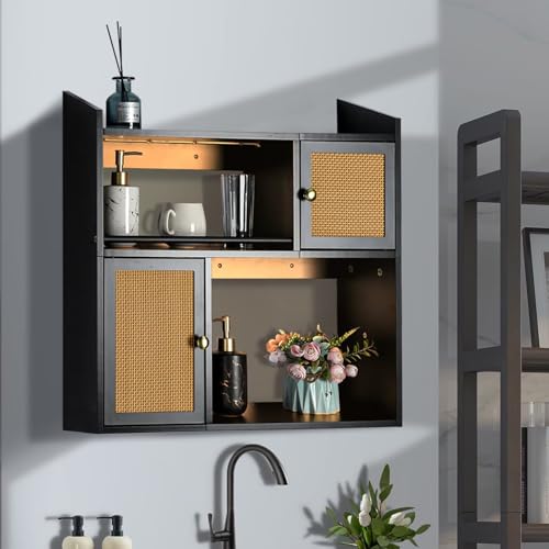 Bloddream Bathroom Cabinet Wall Mounted with Light, Two-Door Adjustable, Toilet Space Saver Storage, Floating Shelves for Home Decor (Black), 23.6