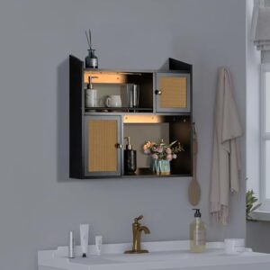 Bloddream Bathroom Cabinet Wall Mounted with Light, Two-Door Adjustable, Toilet Space Saver Storage, Floating Shelves for Home Decor (Black), 23.6