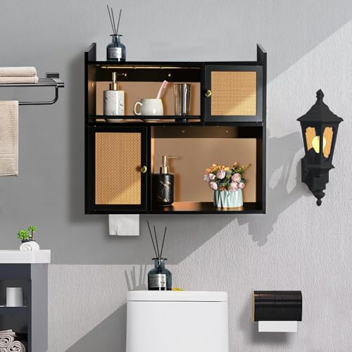 Bloddream Bathroom Cabinet Wall Mounted with Light, Two-Door Adjustable, Toilet Space Saver Storage, Floating Shelves for Home Decor (Black), 23.6