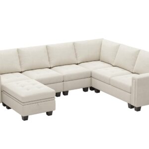 Belffin Velvet Modular Sectional Sofa with Storage Ottoman 6 Seater L Shaped Sectional Modular Sofa Couch with Reversible Chaise Convertible Corner Sectional Couch Beige