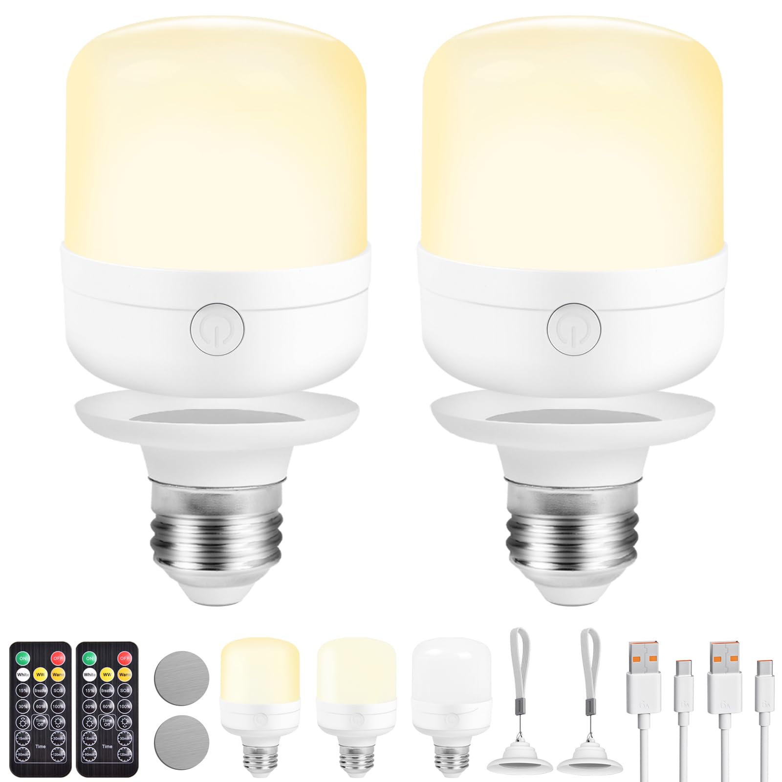 E26 Battery-Operated Rechargeable Light Bulbs with Remote for Lamps, Sconces, and Non-Hardwired Fixture, 3 Color Temperatures, Timer, Detachable Charging – 2 Pack