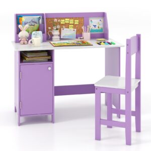 costzon kids desk and chair set, wooden children study table with storage, hutch, cork bulletin board, whiteboard & marker, student computer workstation writing desk for kids bedroom, school, purple