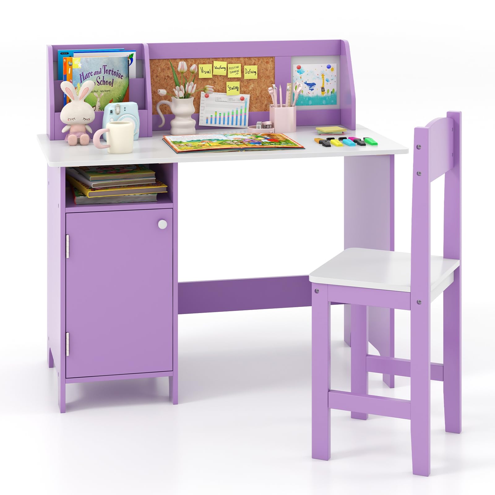 Costzon Kids Desk and Chair Set, Wooden Children Study Table with Storage, Hutch, Cork Bulletin Board, Whiteboard & Marker, Student Computer Workstation Writing Desk for Kids Bedroom, School, Purple