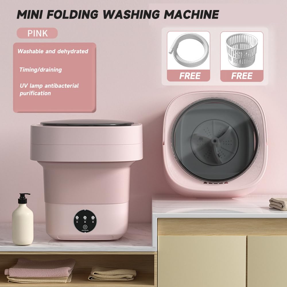 Small Portable Washing Machine, Mini Washer 6L High Capacity with 3 Modes Deep Cleaning for Underwear, Baby Clothes, or Small Items, Foldable Washing Machine for Apartments, Camping (Pink)