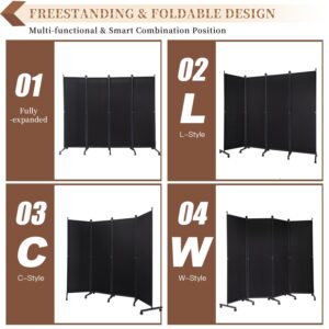 Room Divider Folding Privacy Screens with Wheels, 6FT Tall Divider for Room Separation, Movable Room Partitons and Dividers, Indoor Room Dividers Panel with Fabric for Office (Black, 4 Panel-88‘’)