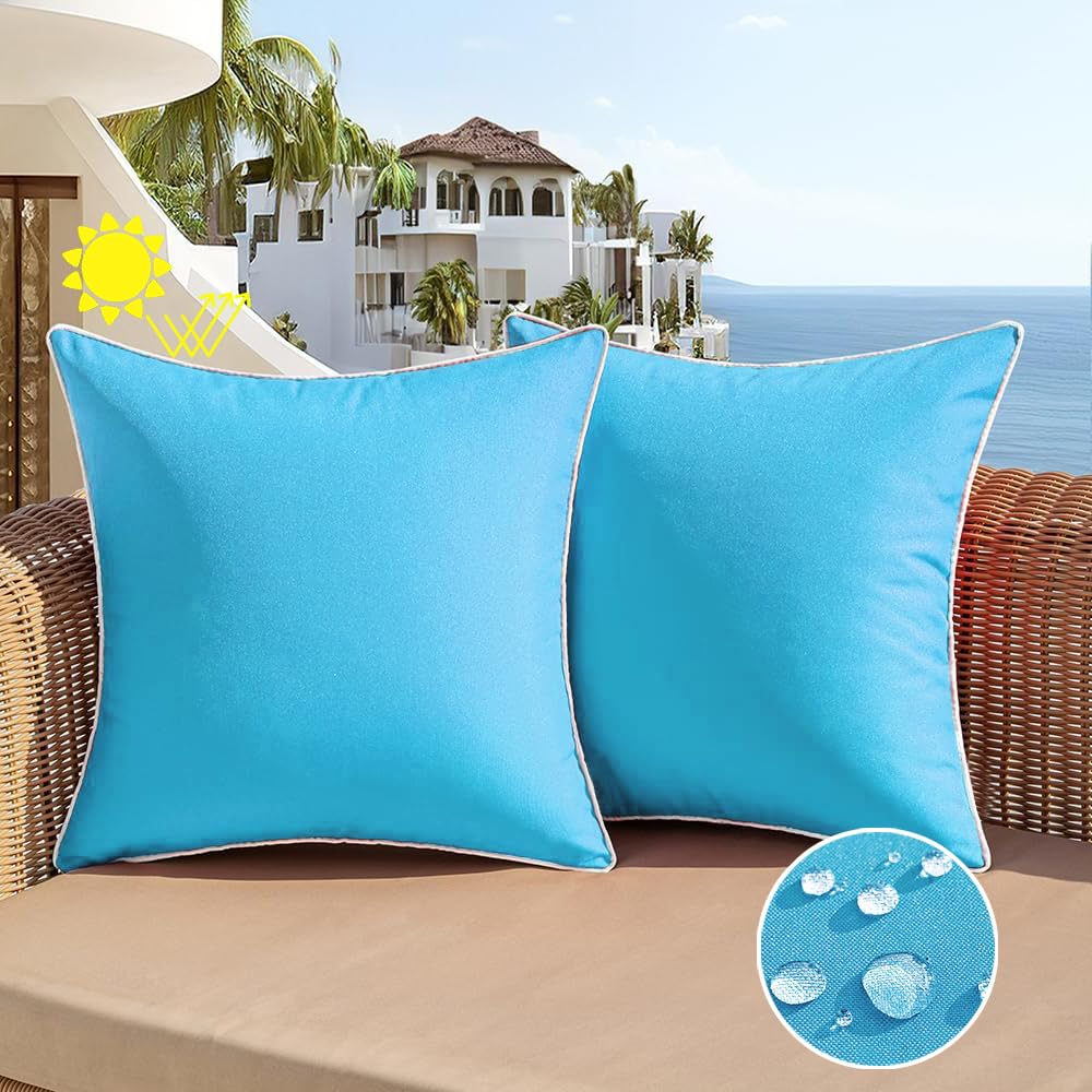 All Smiles Outdoor Waterproof Throw Pillow Covers 18x18 Set of 2 Sky Blue Decorative Patio Tent Bed Sofa Living Room Furniture Sunbrella Cushion Cases Outside Decor for Couch Garden Bench Porch