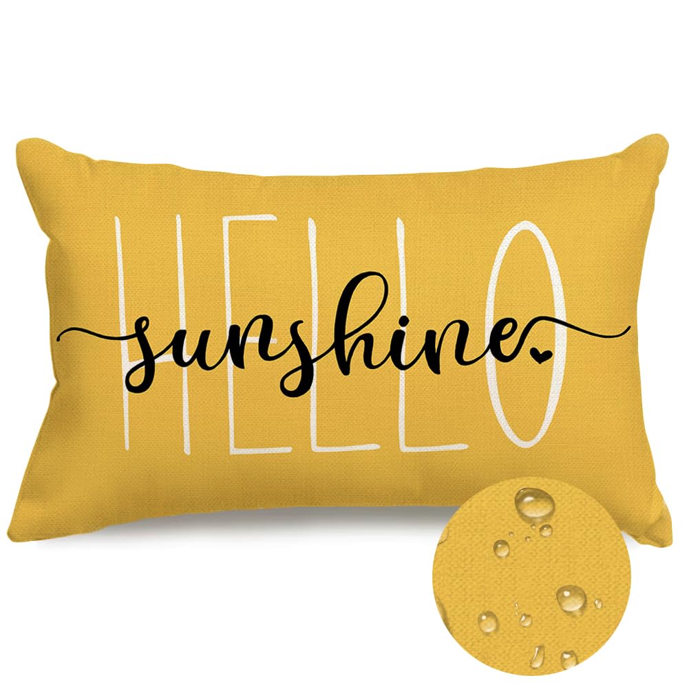 RABUSOFA Outdoor Waterproof Pillows Decorative Throw Pillows,12x20 Inch Patio Hello Sunshine Summer Pillow Covers,Yellow Waterproof Pillow Cases for Balcony Furniture Garden(2-12) (12"x20")