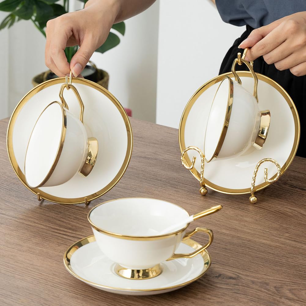 GSHLLO 2 Pcs Cup Saucer Holders Tea Cup Display Stand Metal Cup Plate Stand Rack Afternoon Tea Cup Rack Coffee Mug Organizer for Plate Teapot Tableware Display