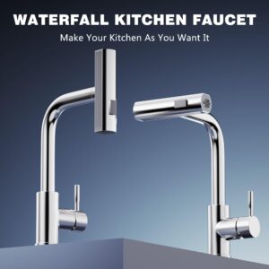 GIMILI Waterfall Kitchen Faucet with Pull Down Sprayer Brushed Nickel Single Hole Handle Stainless Steel Kitchen Sink Faucets Commercial Modern Faucets for Pull Down Sprayer Kitchen Sinks