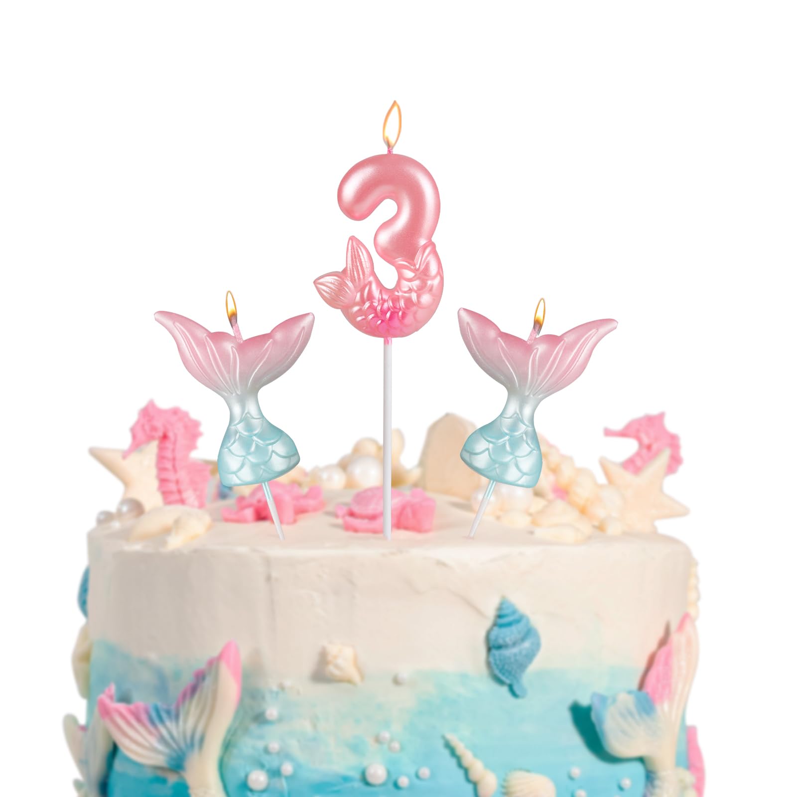 Mermaid Birthday Candles, Number 3 Candle with 2pcs Mermaid Tail Cake Toppers, Mermaid 3rd Birthday Decorations Girl, Little Mermaid Party Favors Cake Decor Anniversary Celebration Supplies