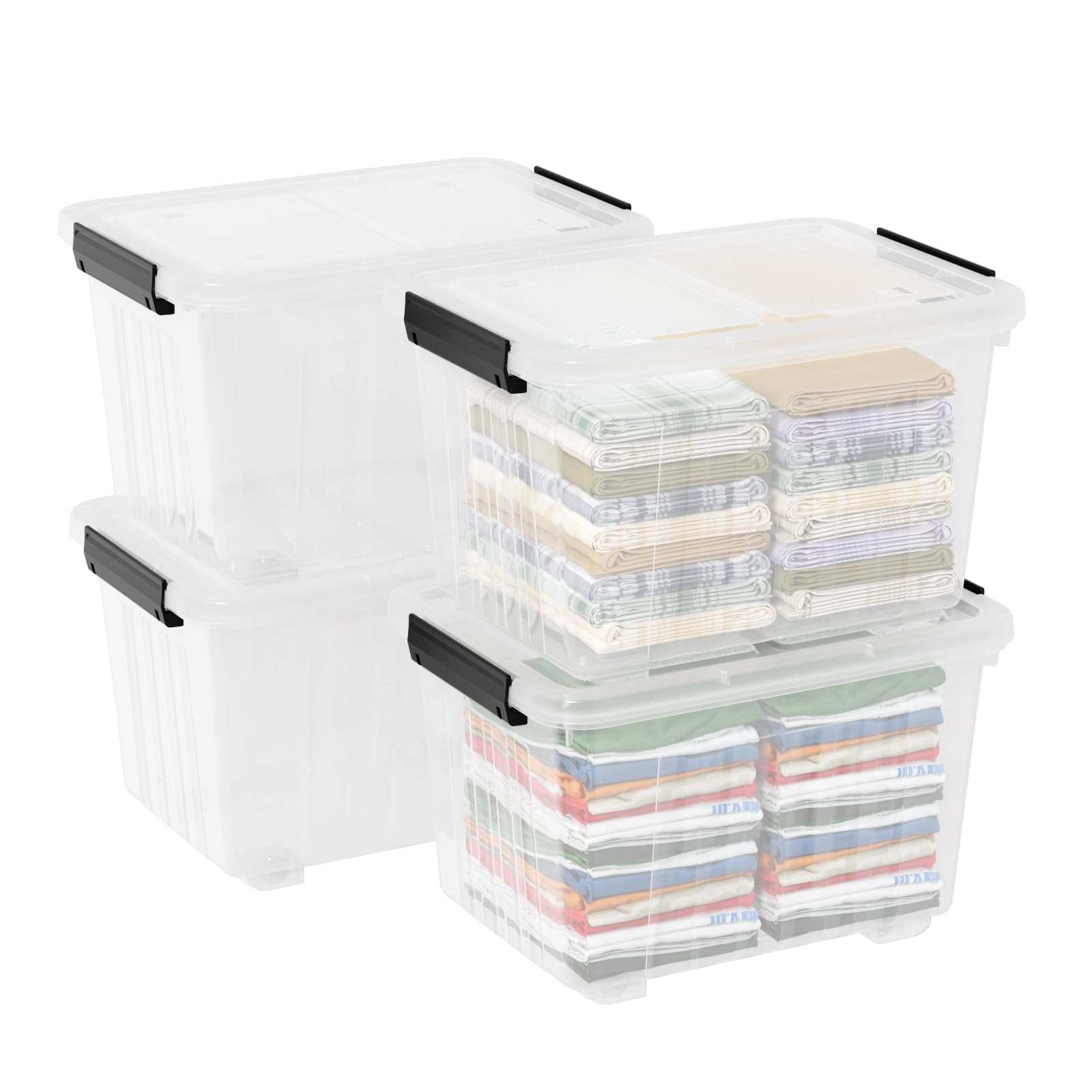 DynkoNA 4-Pack 50 Quarts Plastic Storage Box with Wheels, Clear Latch Bins with Lids