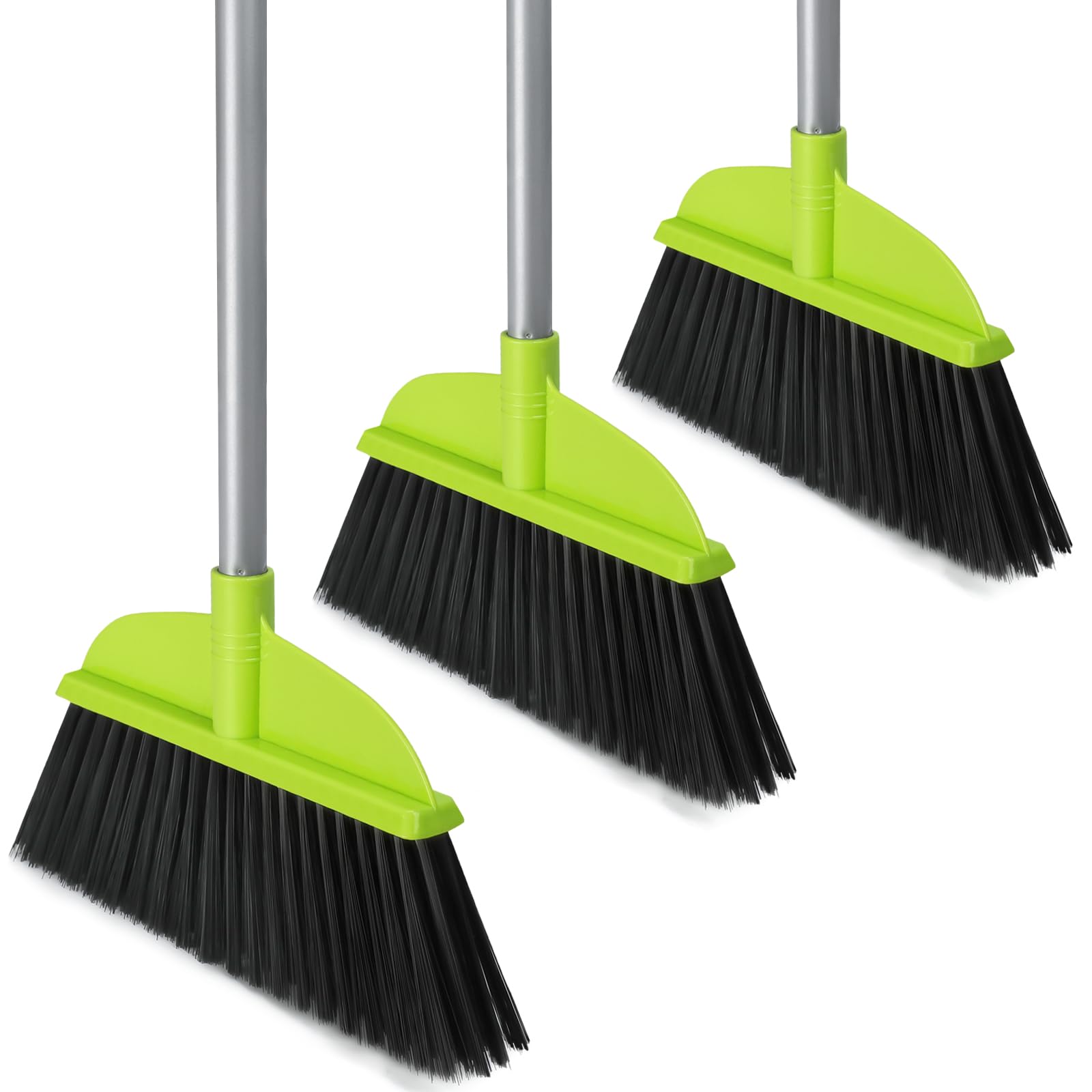 3 Packs Indoor Brooms for Sweeping Hardwood Floor Green Angle Broom with 55” Long Handle for Kitchenette Floor Cleaning