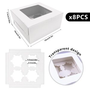 MUMULULU 8 PCS White Paper Cupcake Boxes with 4 Cavity Cookie Gift Boxes with Clear Window 4 Treat Holder Cupcake Containers Bakery Cake Box for Birthday Party Bakery Supplies