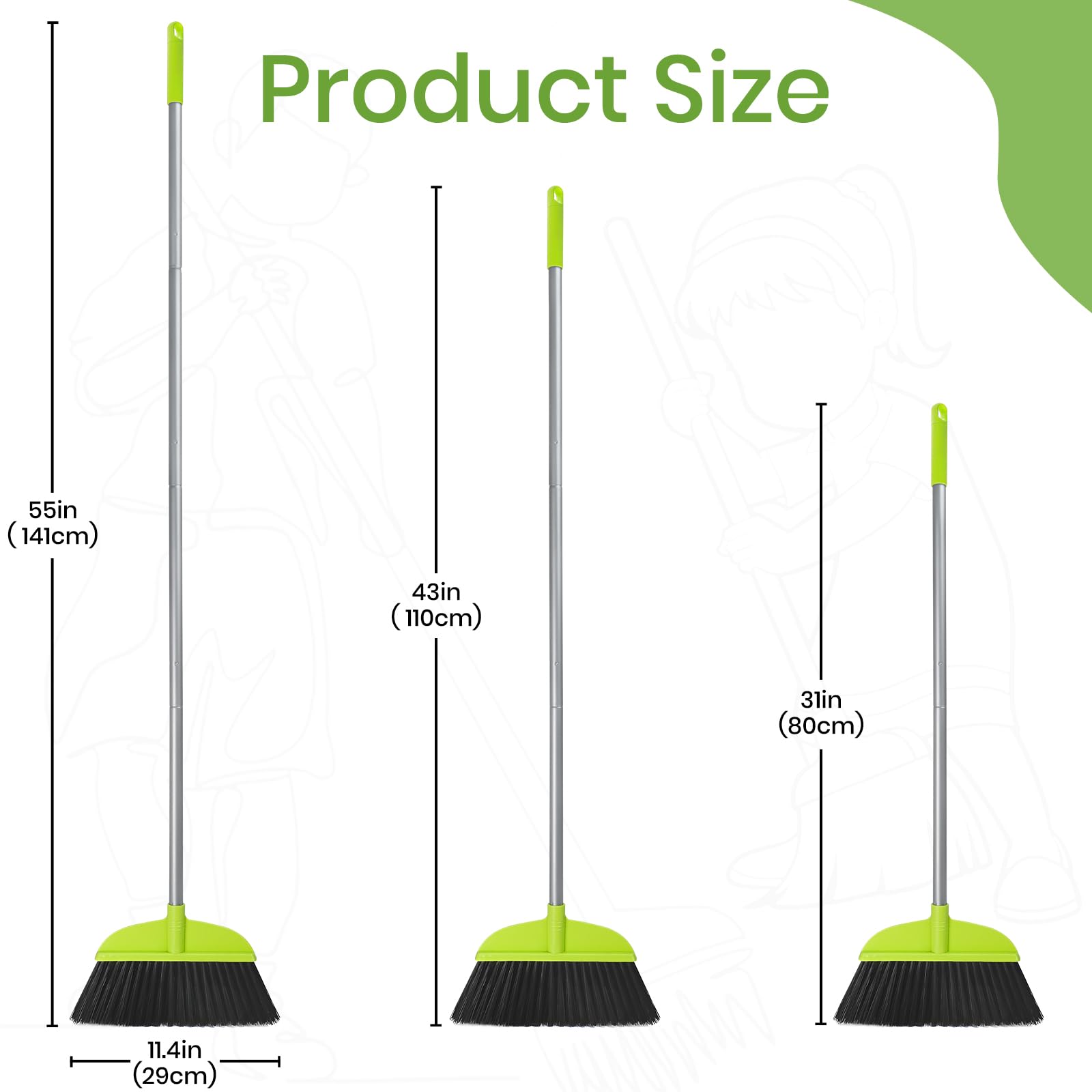 3 Packs Indoor Brooms for Sweeping Hardwood Floor Green Angle Broom with 55” Long Handle for Kitchenette Floor Cleaning