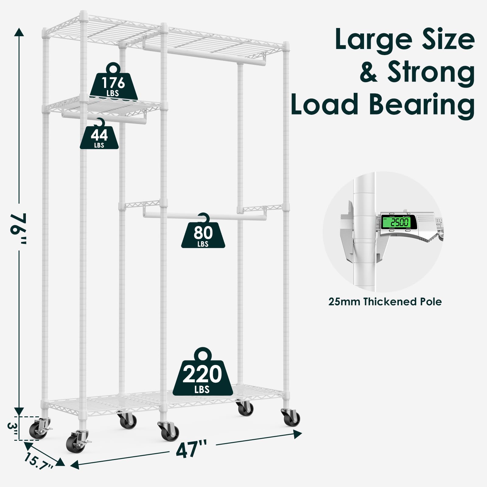 Memobarco Clothing Racks with Wheels for Hanging Clothes with Shelves, Closet Organizers and Storage Metal Heavy Duty,Rolling Wardrobe Garment-Rack Metal Wire Shelving Freestanding, White