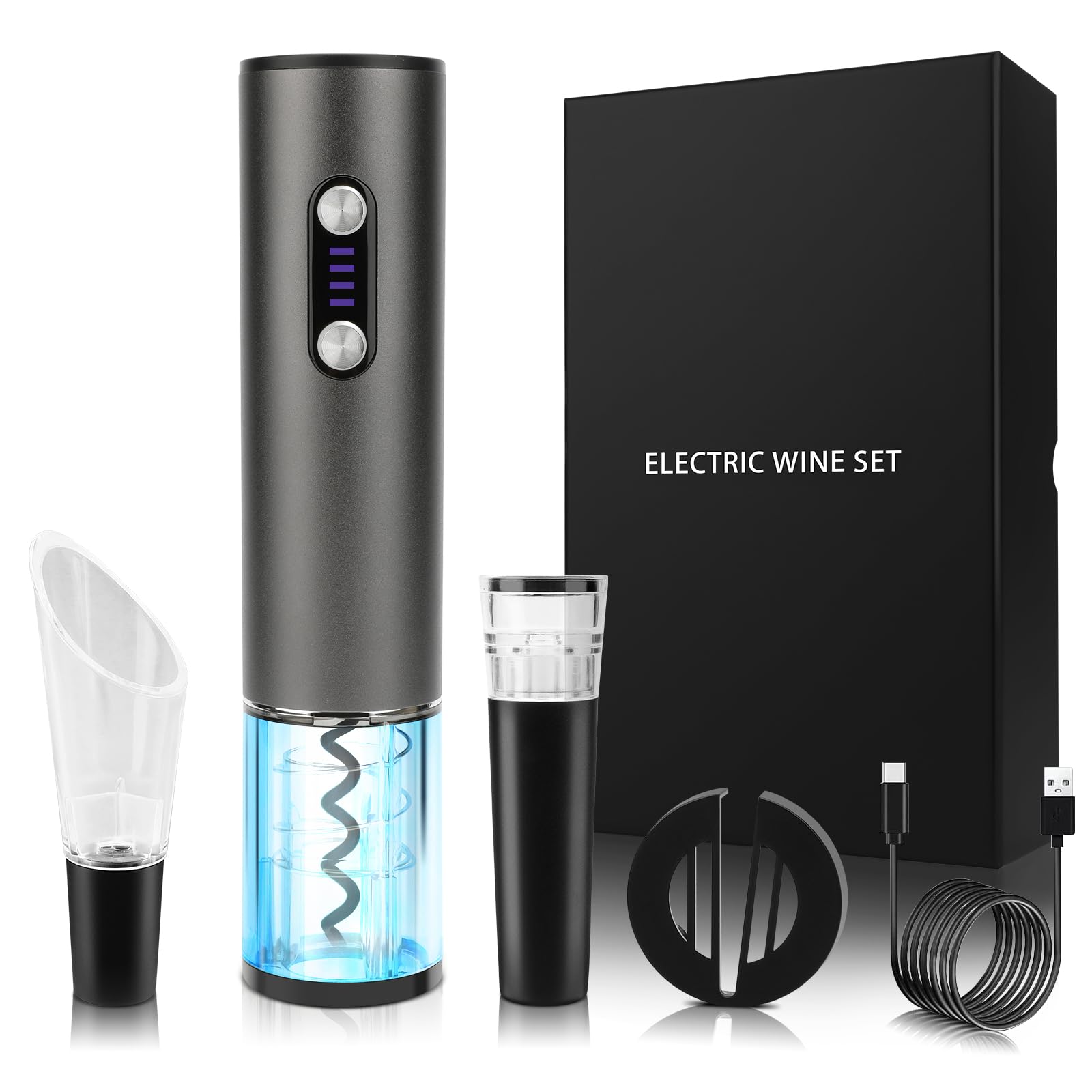 Electric Wine Opener Wine Gifts Bottle Openers Kit with Foil Cutter, Wine Aerator Pourer, Vacuum Stopper USB C Rechargeable Cordless Electric Wine Corkscrew Gift Set