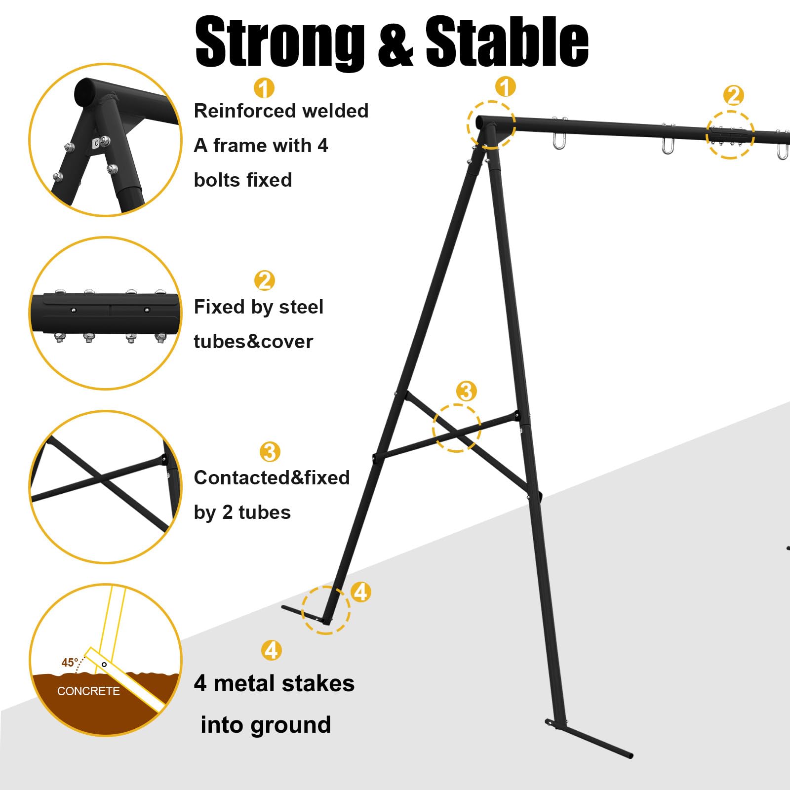 Swing Stand A Frame for 2 Swings,550lbs Metal Saucer Tree Swing Frame Heavy Duty,70” High and 97” Wide,All Weather Resistant Anti-Rust,for Kids Adult Outdoor Backyard(Without Swing) (Black)