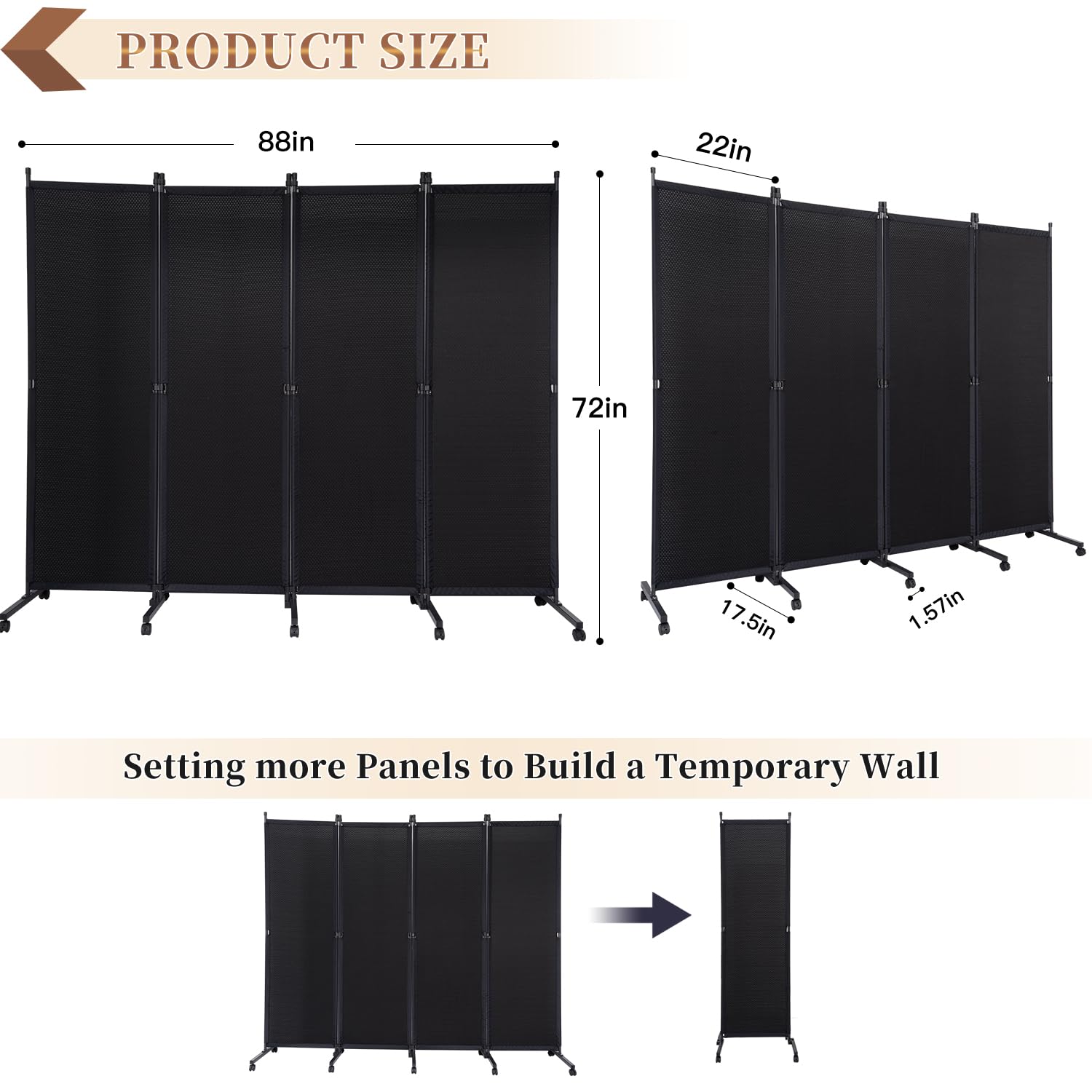 Room Divider Folding Privacy Screens with Wheels, 6FT Tall Divider for Room Separation, Movable Room Partitons and Dividers, Indoor Room Dividers Panel with Fabric for Office (Black, 4 Panel-88‘’)