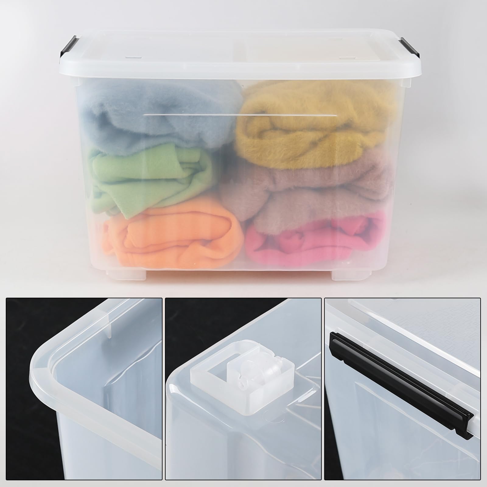 DynkoNA 4-Pack 50 Quarts Plastic Storage Box with Wheels, Clear Latch Bins with Lids