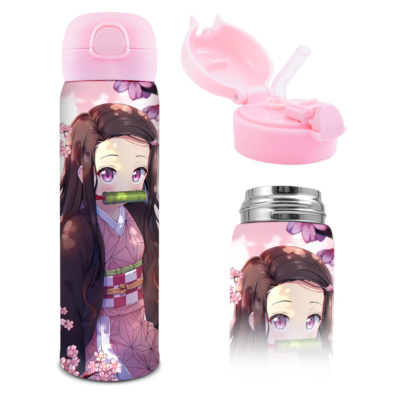 CNEISEJK Anime Slayer Water Bottle with Straw, Vacuum Insulated Kimetsu no Nezuko Tanjirou Cosplay Stainless Steel 16.9oz Cup Thermoses with Locking Cover Leak-Proof Design (WB-Douzi xg 2403), 500ML