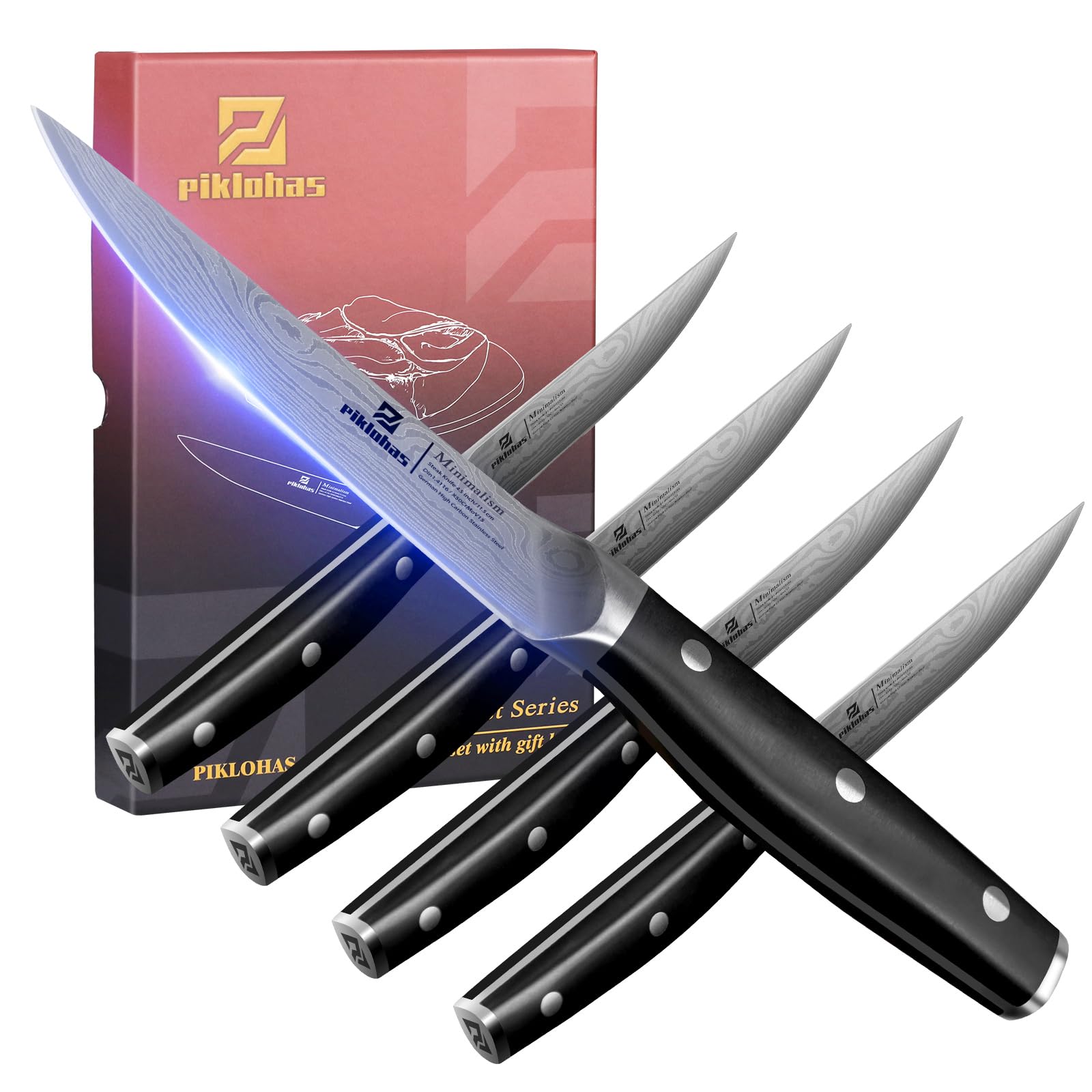 Piklohas Steak Knives Set of 4, 4.5 Inch Non Serrated Dinner Knife, Forged German Steel Damascus Pattern Straight Edge Meat Knife with Full Tang Handle, Dishwasher Safe, Ideal for Gift