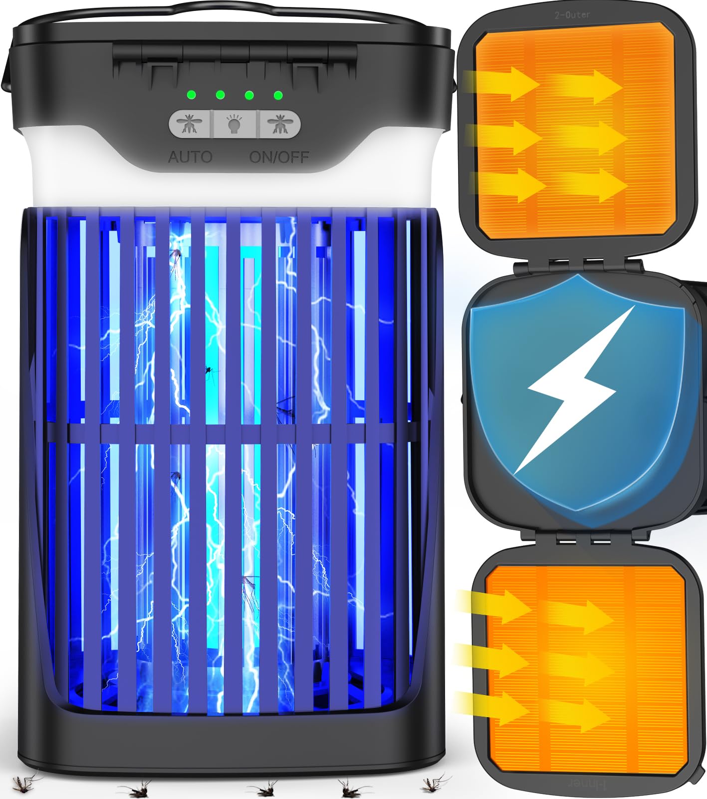 Solar Bug Zapper Outdoor, Zwiran Double Solar Powered Mosquito Zapper, Electric Fly Zapper with Camping Lantern, Waterproof Gnat Zapper, Cordless Mosquito Killer Lamp for Indoor Patio, Backyard, Home