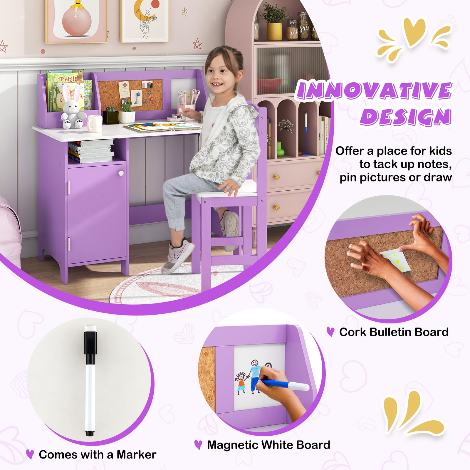 Costzon Kids Desk and Chair Set, Wooden Children Study Table with Storage, Hutch, Cork Bulletin Board, Whiteboard & Marker, Student Computer Workstation Writing Desk for Kids Bedroom, School, Purple