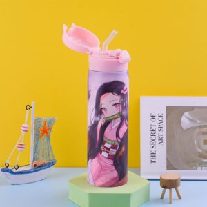 CNEISEJK Anime Slayer Water Bottle with Straw, Vacuum Insulated Kimetsu no Nezuko Tanjirou Cosplay Stainless Steel 16.9oz Cup Thermoses with Locking Cover Leak-Proof Design (WB-Douzi xg 2403), 500ML