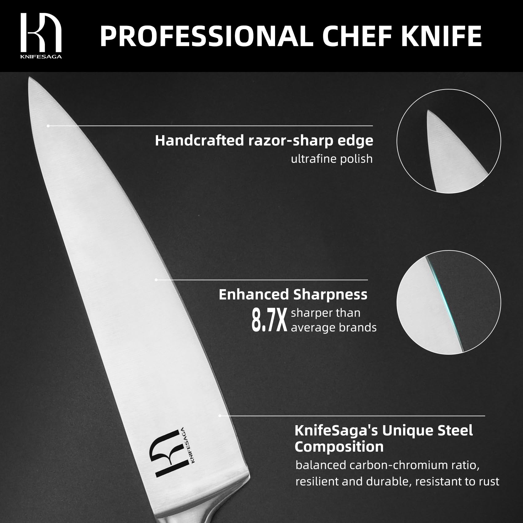 KnifeSaga Chef Knife 8 inch Professional, Japanese Chefs Knife High Carbon Stainless Steel, Razor Sharp Kitchen Cooking Knife for Vegetable Chopping, Meat Cutting Knife with Full Tang Handle