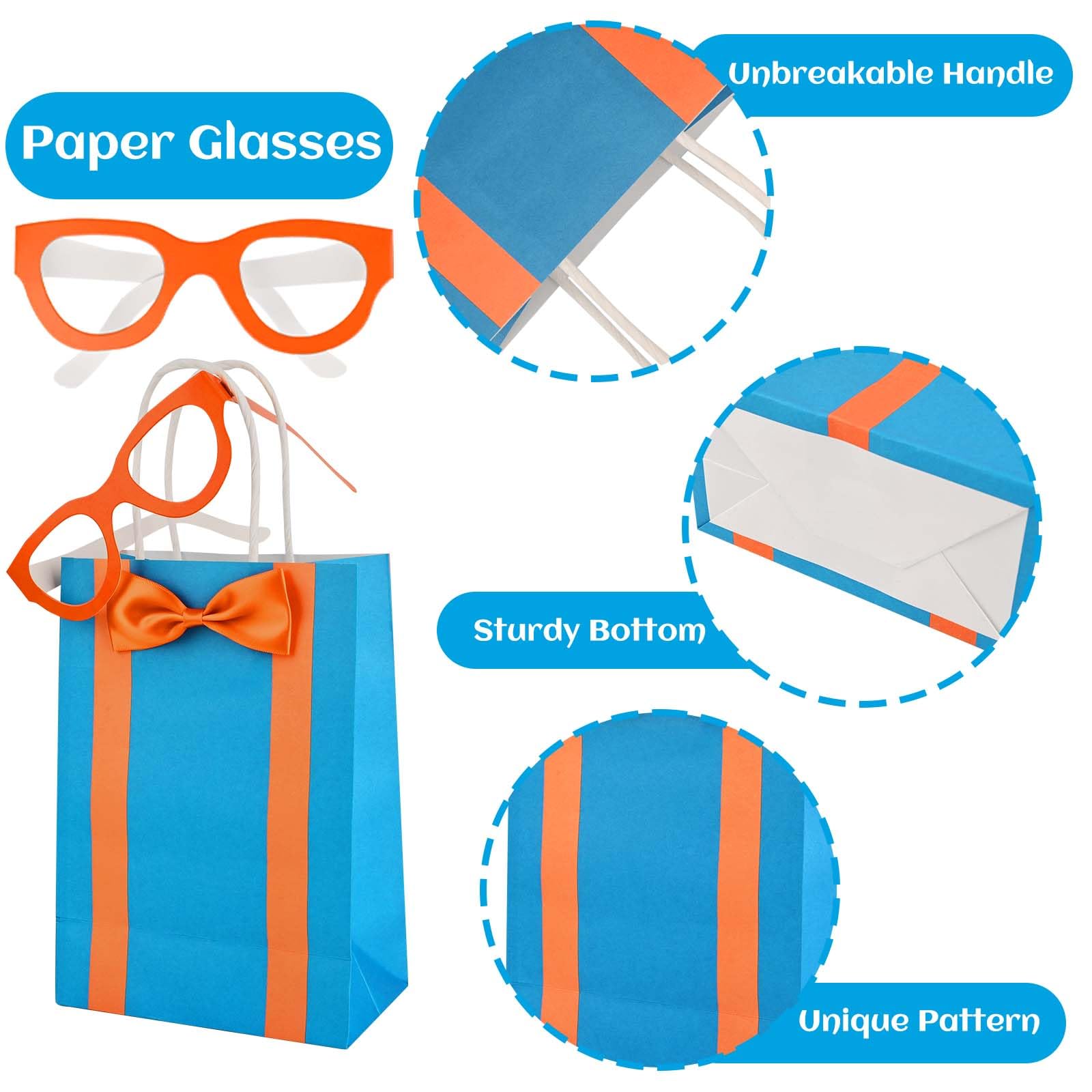 Bolsome 20Pcs Orange Blue Party Favor Bags with 20Pcs Paper Glasses and Bow Tie Blue Orange DIY Paper Gift Bags with Handles for Kids for Construction Birthday Party Baby Shower Supplies