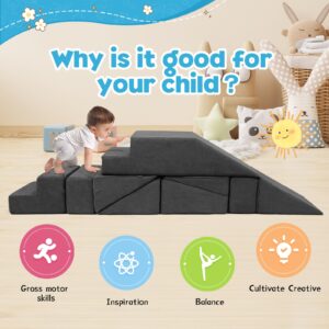 MOOZHEALTH Kids Small Play Couch, Modular Toddler Foam Sofa with Chenille Fabric Cover Children Convertible Soft Playset Climbing Building Blocks for Playroom Nursery Creative Boys & Girls (Gray)