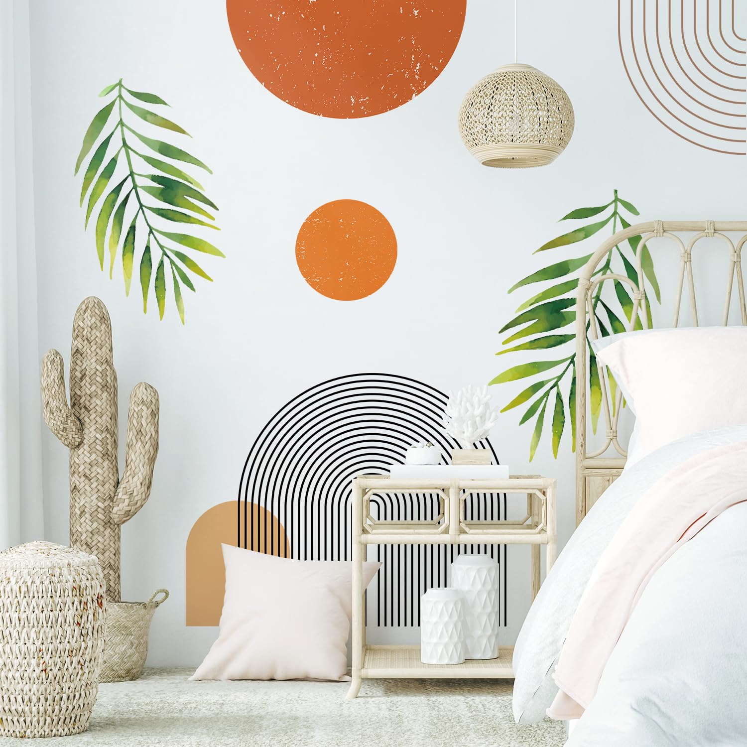 VePret Boho Mid-Century Modern Wall Decals Peel and Stick, Large Archs Sun Vinyl Wall Stickers, Removable Leaves Plants Home Decor Art for Bedroom Living Room Classroom Office