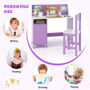 Costzon Kids Desk and Chair Set, Wooden Children Study Table with Storage, Hutch, Cork Bulletin Board, Whiteboard & Marker, Student Computer Workstation Writing Desk for Kids Bedroom, School, Purple