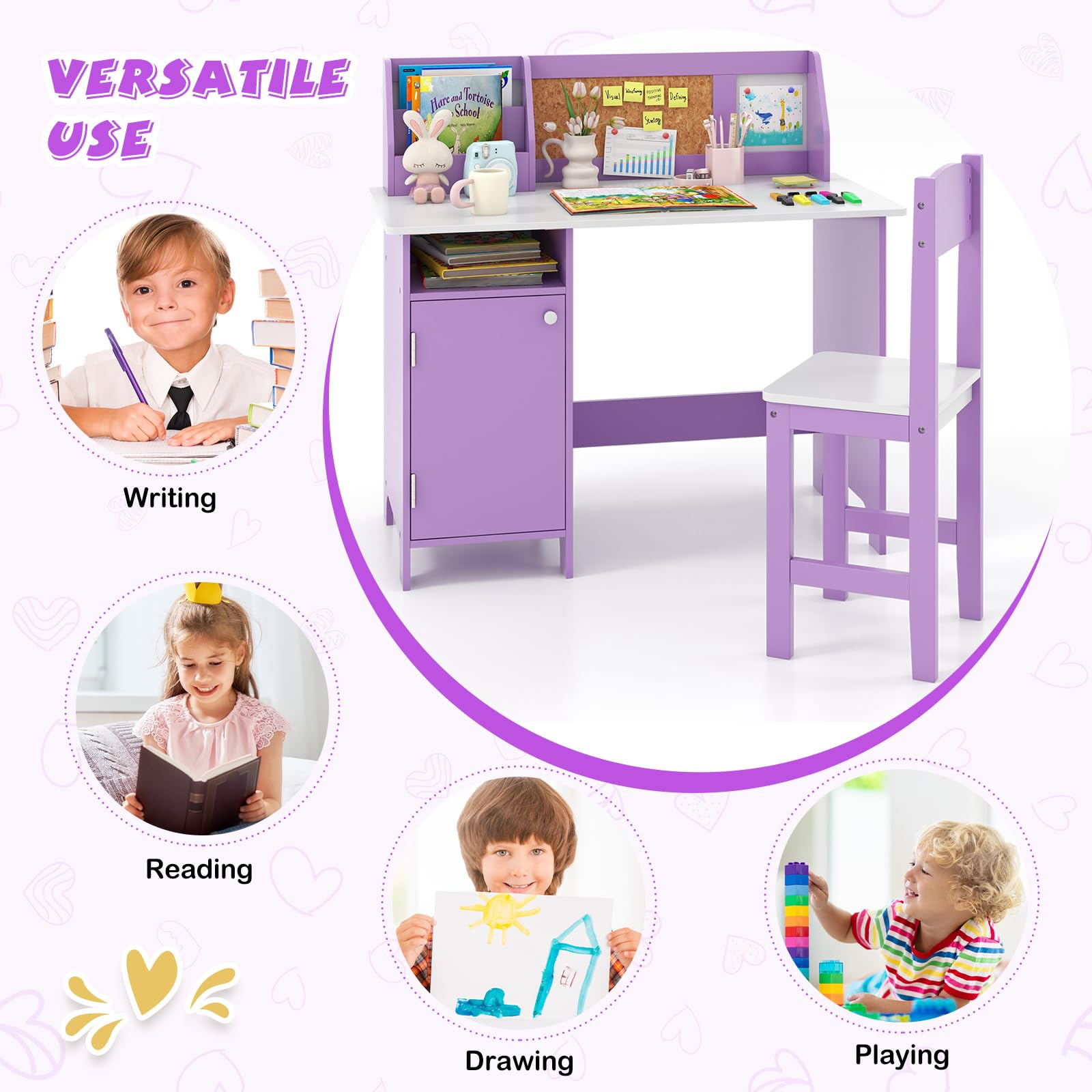 Costzon Kids Desk and Chair Set, Wooden Children Study Table with Storage, Hutch, Cork Bulletin Board, Whiteboard & Marker, Student Computer Workstation Writing Desk for Kids Bedroom, School, Purple