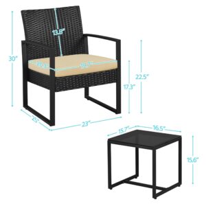 Yaheetech 3-Piece Patio Furniture Set, Rattan Wicker Outdoor Chairs Set of 2 w/Coffee Table - PE Rattan Chair Balcony Conversation Set for Yard/Bistro/Garden/House/Porch, Black/Khaki