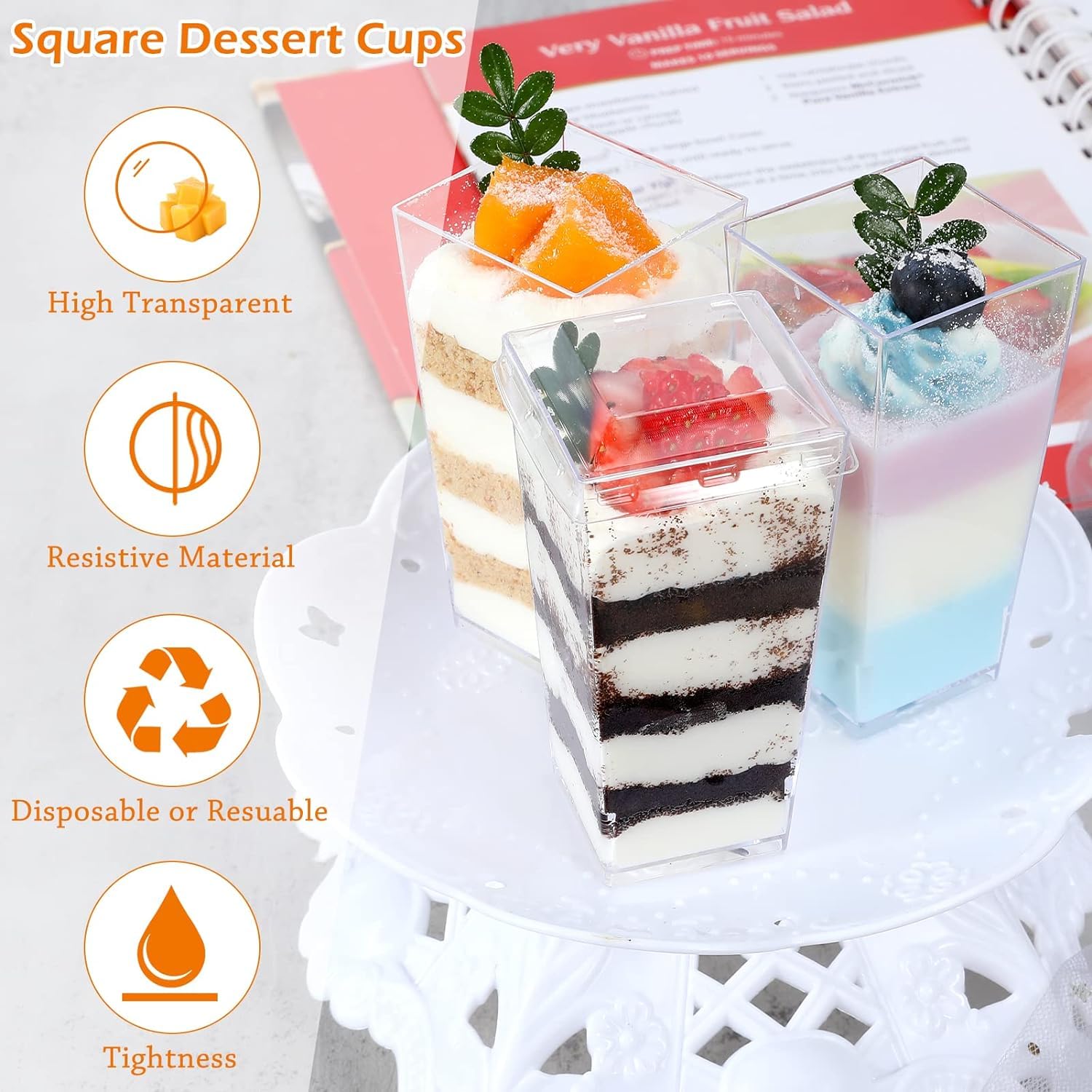 HawHawToys 100 Pack 3 OZ Mini Dessert Cups with Lids and Spoons, Square Tall Plastic Parfait Cups Dessert Shooter Cups for Party, Small Plastic Dessert Cups for Pudding, Appetizers