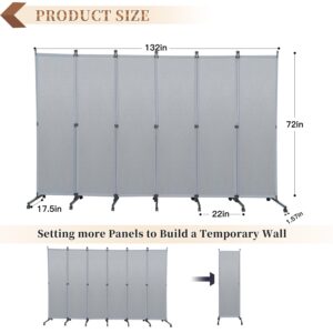 Room Divider Screen Wide Room Divider Panel/Wheels, Decorative Divider for Room Separation, 6 Panel Portable Wall Divider Freestanding Room Partitions and Dividers, Grey Room Separator for Studio