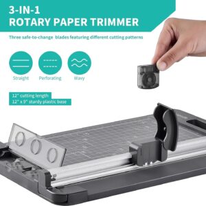 Rotary Paper Cutter, 3-in-1 Paper Trimmer, 12 Inch Cutting Length with Straight Cut/Perforating Cut/Wavy Cut, Enclosed Blades for Safe Use, Ideal for Cardstock/Paper Craft Projects