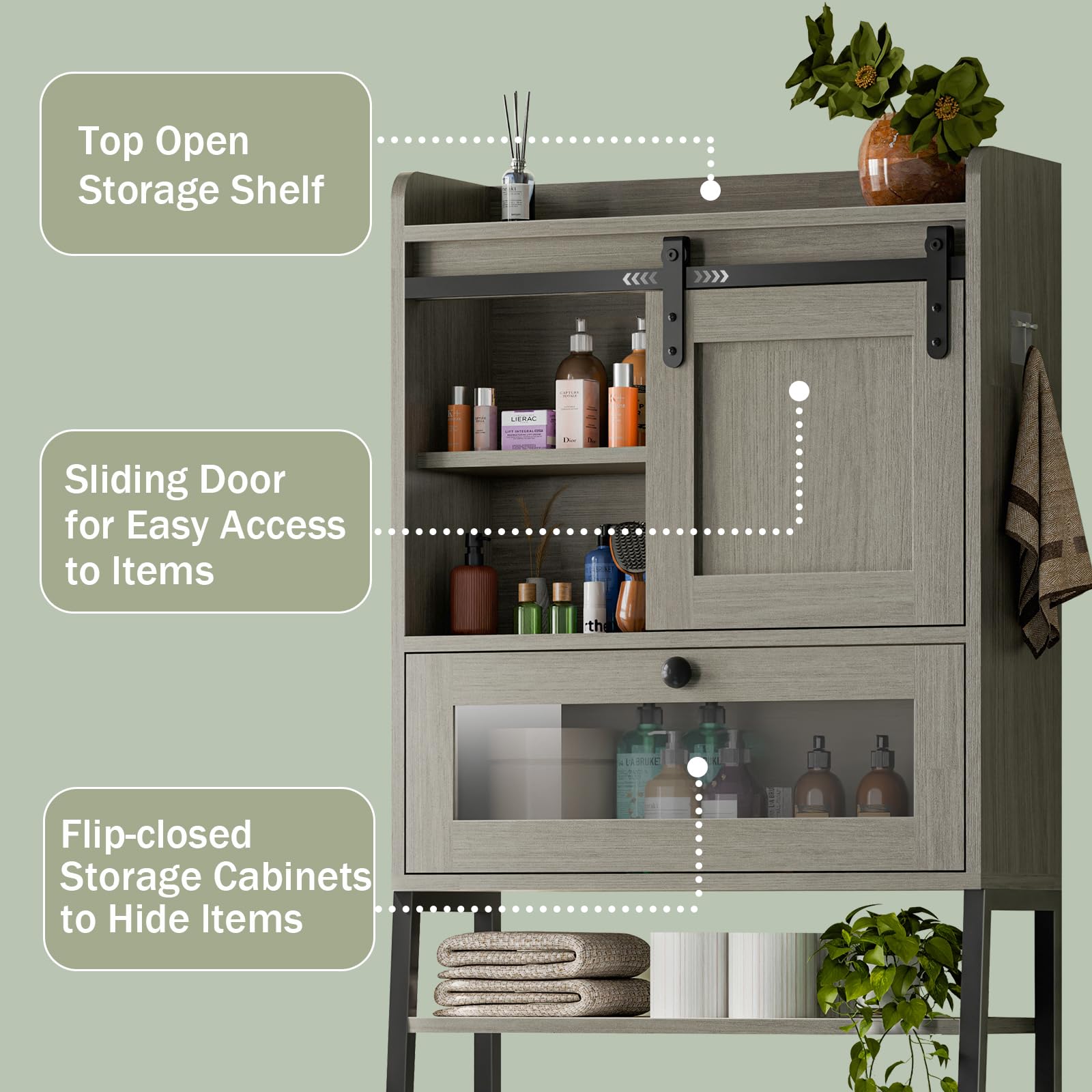 Over The Toilet Storage Cabinet, Storage Cabinet Over Toilet with Sliding Door & Toilet Paper Holder Stand, Freestanding Toilet Shelf Washer Shelf Space Saver Wood Cabinet with Metal Stand, Grey