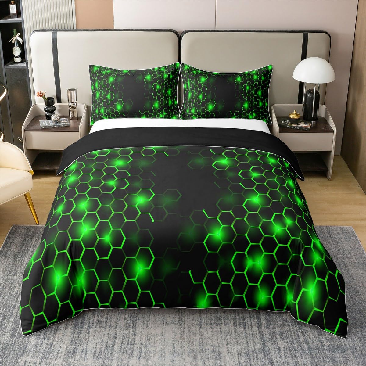 Feelyou Green and Black Duvet Cover 100% Cotton Queen Size Boys Girls Honeycomb Bedding Set for Kids Geometry Hexagon Comforter Cover Set Geometrical Bedspread Cover Room Decor Bedclothes Zipper