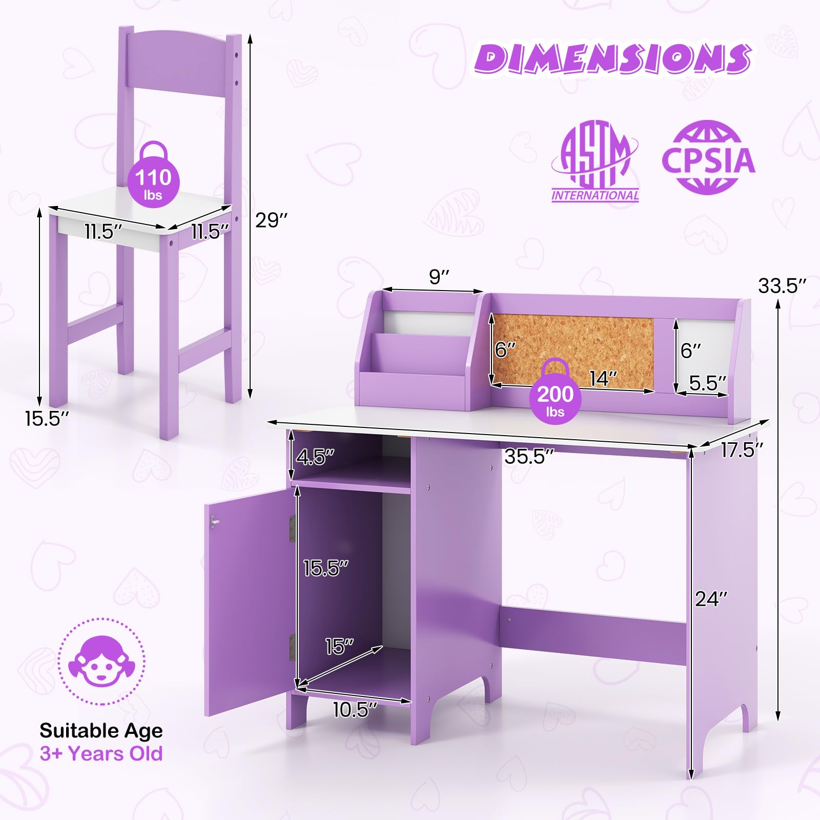 Costzon Kids Desk and Chair Set, Wooden Children Study Table with Storage, Hutch, Cork Bulletin Board, Whiteboard & Marker, Student Computer Workstation Writing Desk for Kids Bedroom, School, Purple