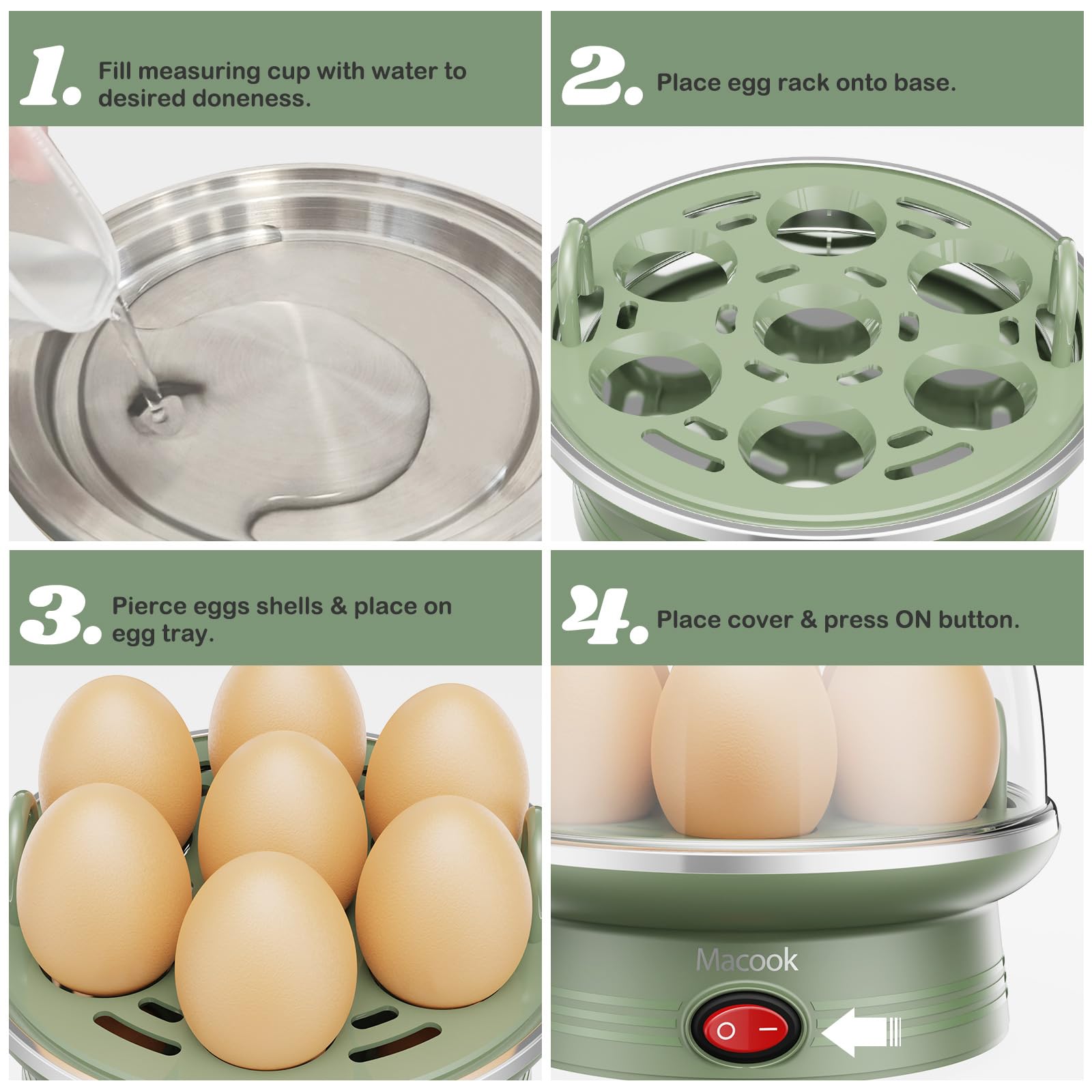 Rapid Egg Cooker, 7 Egg Capacity Electric Egg Cooker for Hard Boild Eggs, Medium, Soft, Poached, Steamed Eggs,Egg Boiler with Auto Shut Off, BPA Free, Green